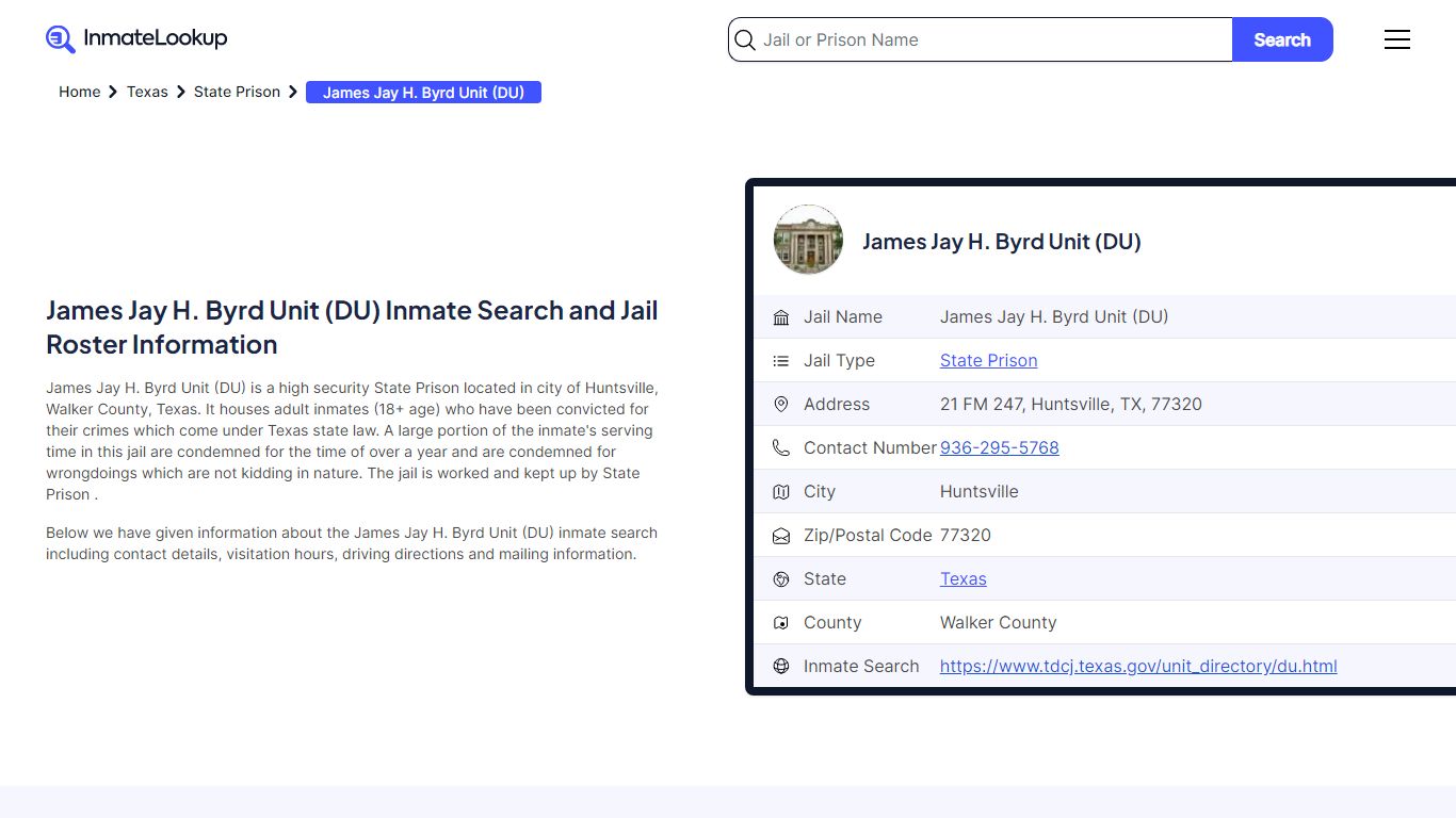 James Jay H. Byrd Unit (DU) (TX) Inmate Search Texas - Inmate Lookup