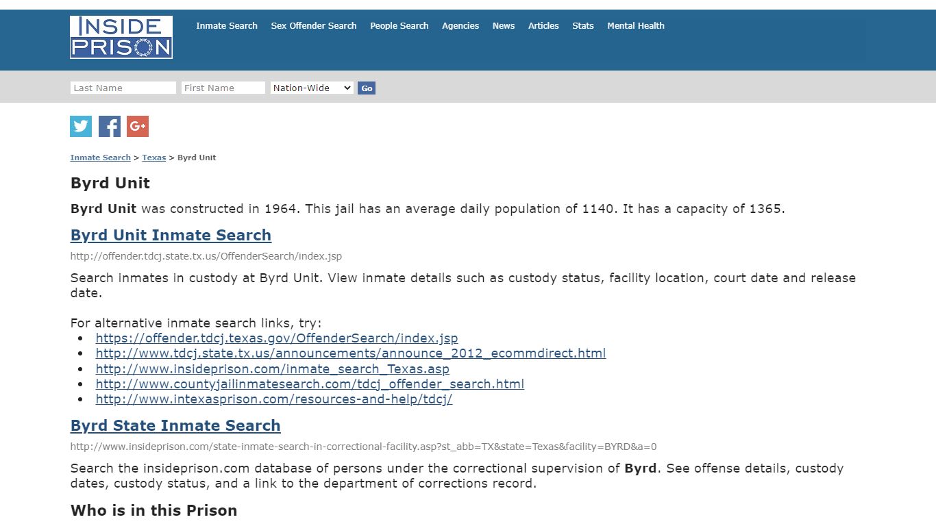 Byrd Unit - Texas - Inmate Search - Inside Prison